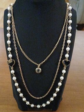 Long Layered Gold Tone Faux Pearl Heart Necklace - Gold/White/ Black 34" Chain